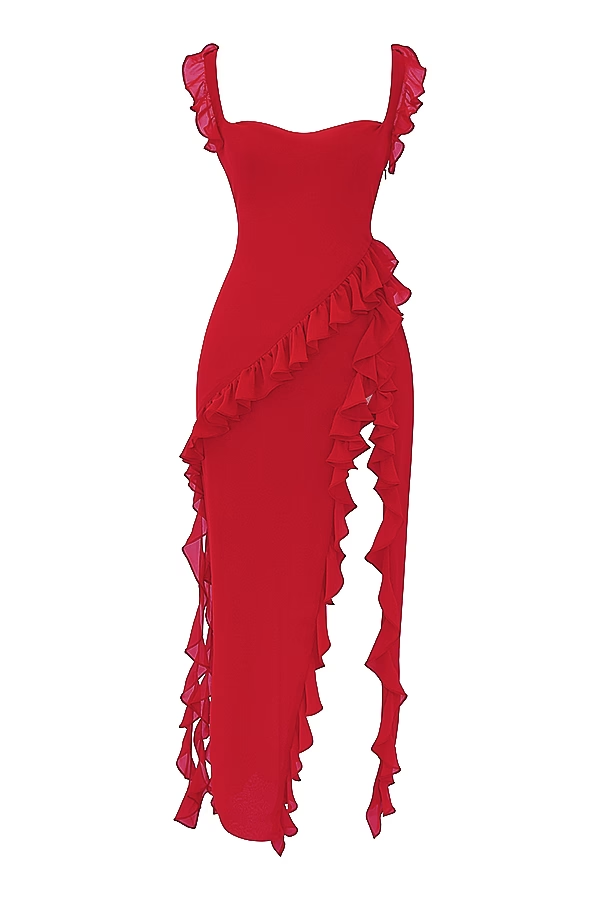 Cherry Ruffle Maxi Elbise