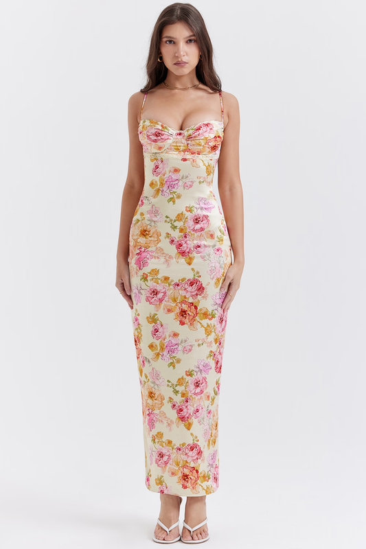 Ivory Floral Maxi Elbise