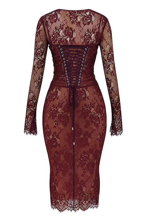 Wine Blossom Elegance Maxi Elbise