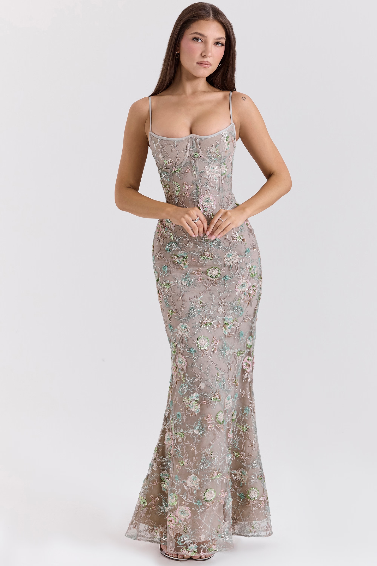 Elyra Çiçek İşlemeli Korse Maxi Elbise