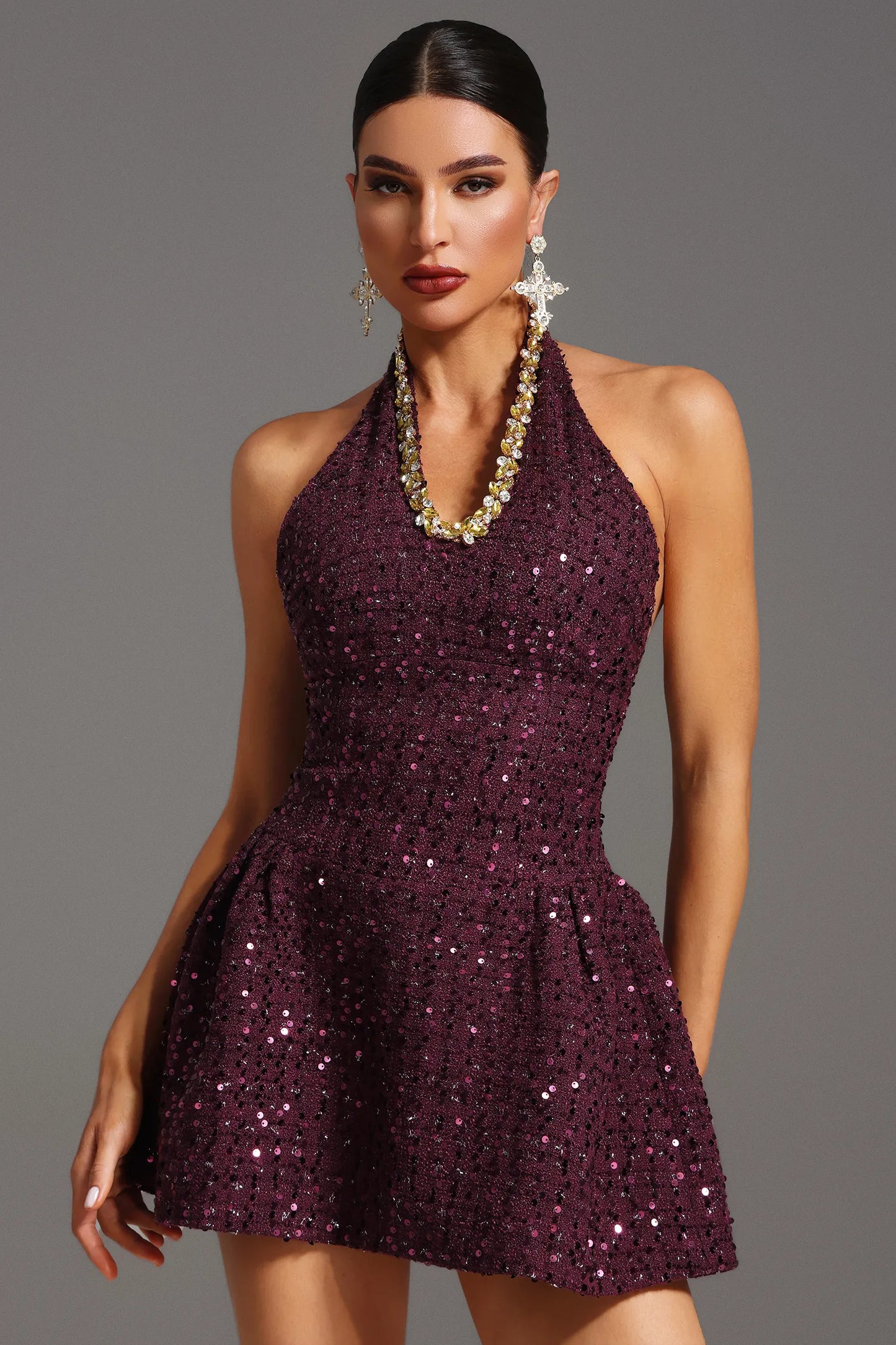 Parlak Mor Payetli Halter Yaka Mini Elbise