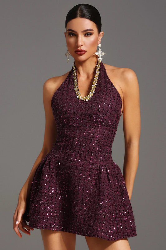 Parlak Mor Payetli Halter Yaka Mini Elbise