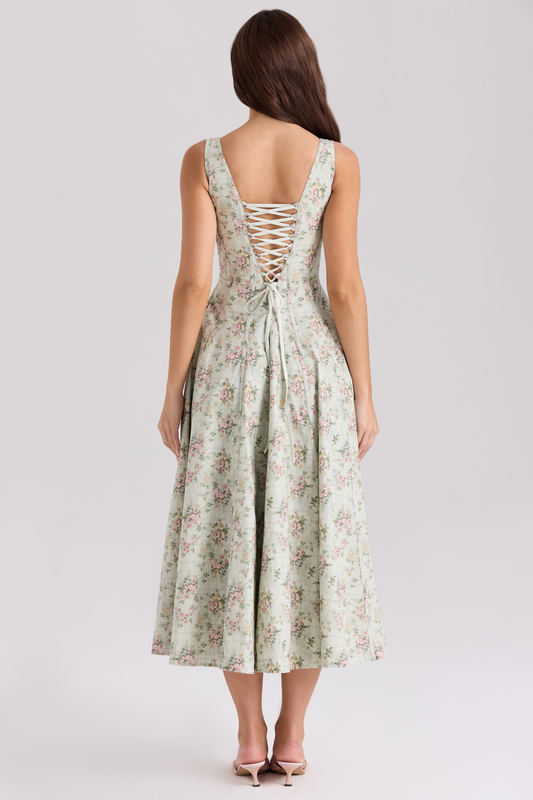 Sage Blossom Midi Elbise