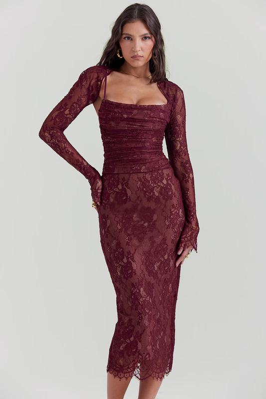Wine Blossom Elegance Maxi Elbise