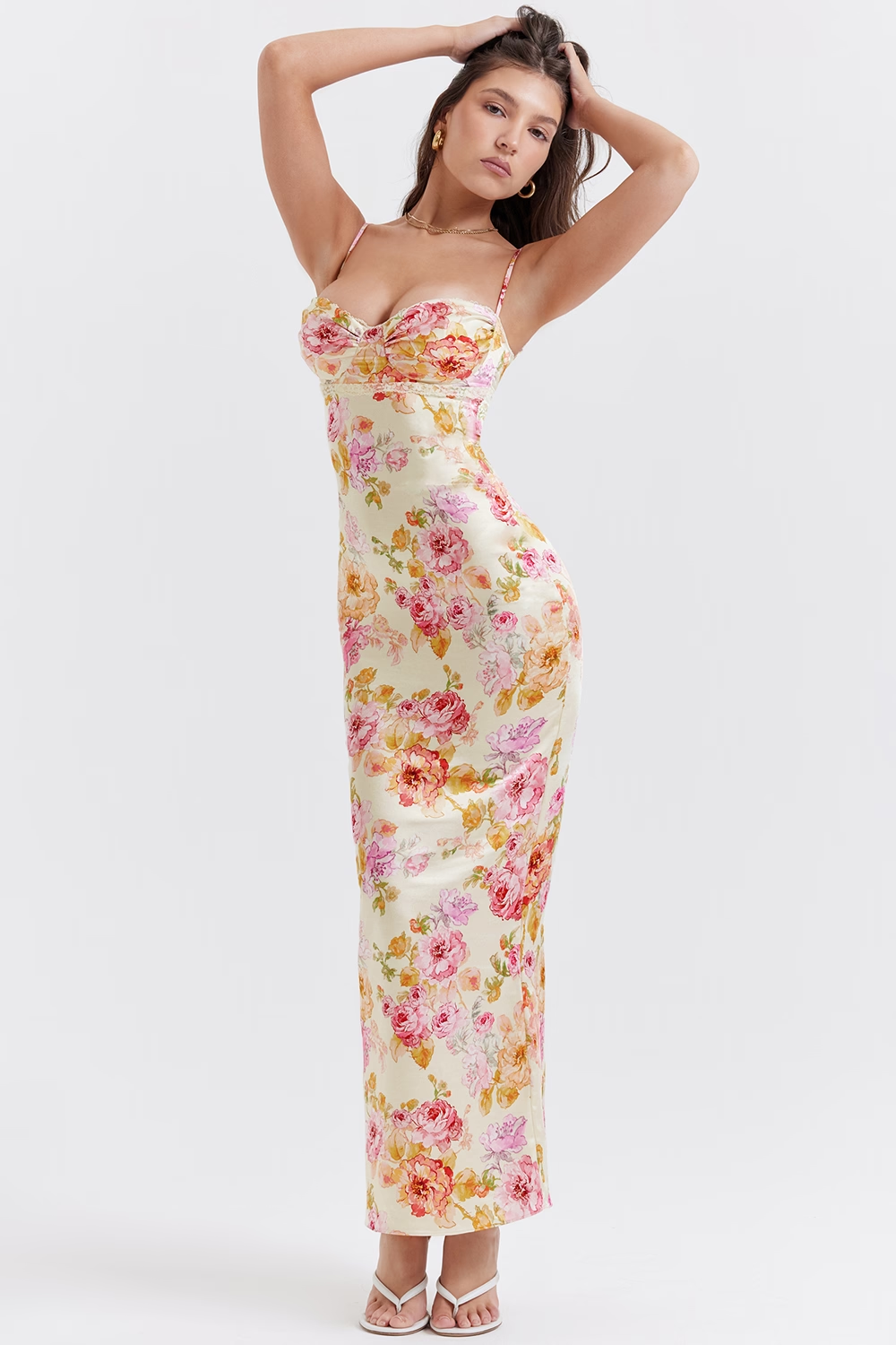 Ivory Floral Maxi Elbise