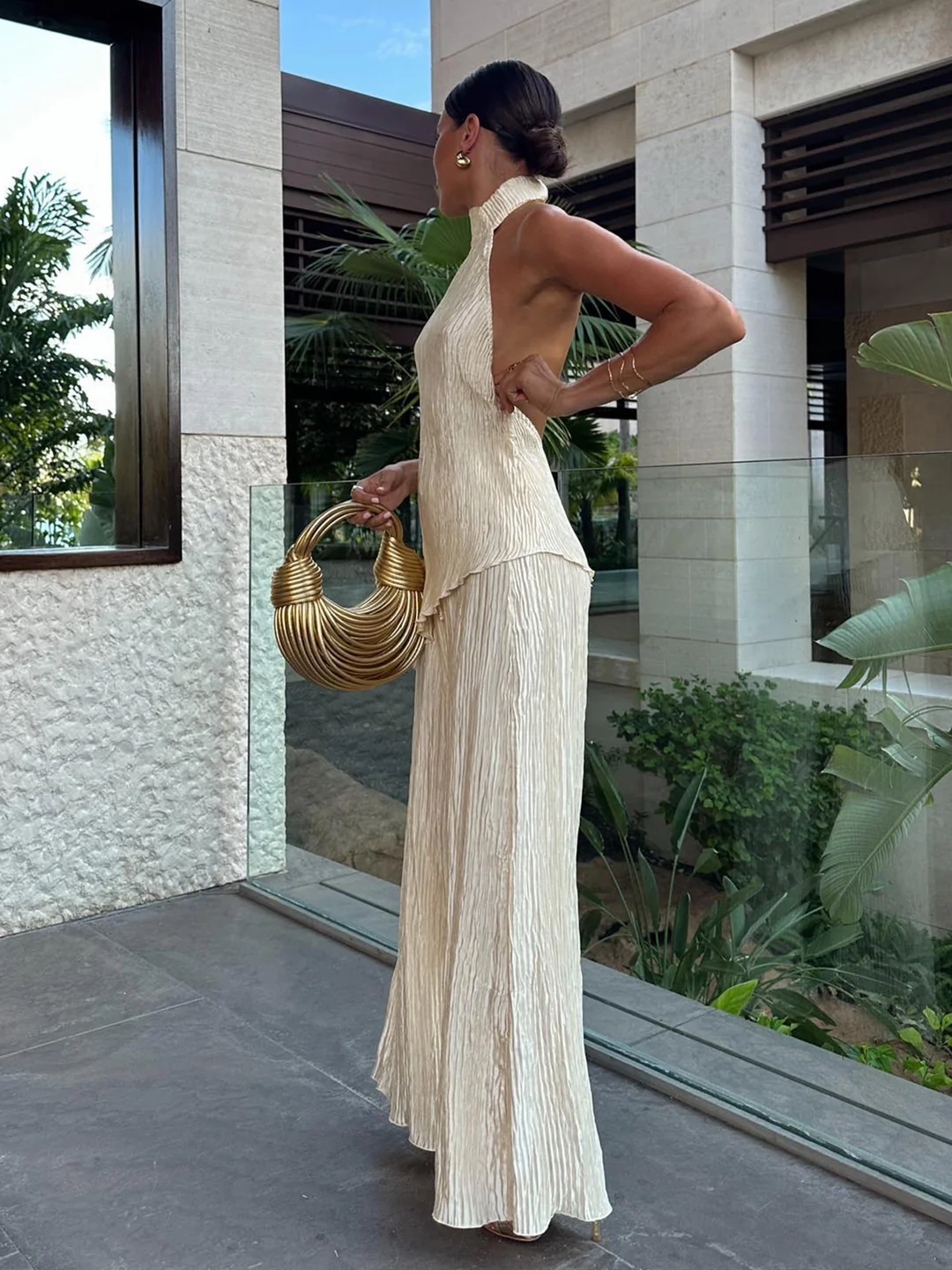 Asimetrik Halter Crop & Palazzo Pantolon Takımı