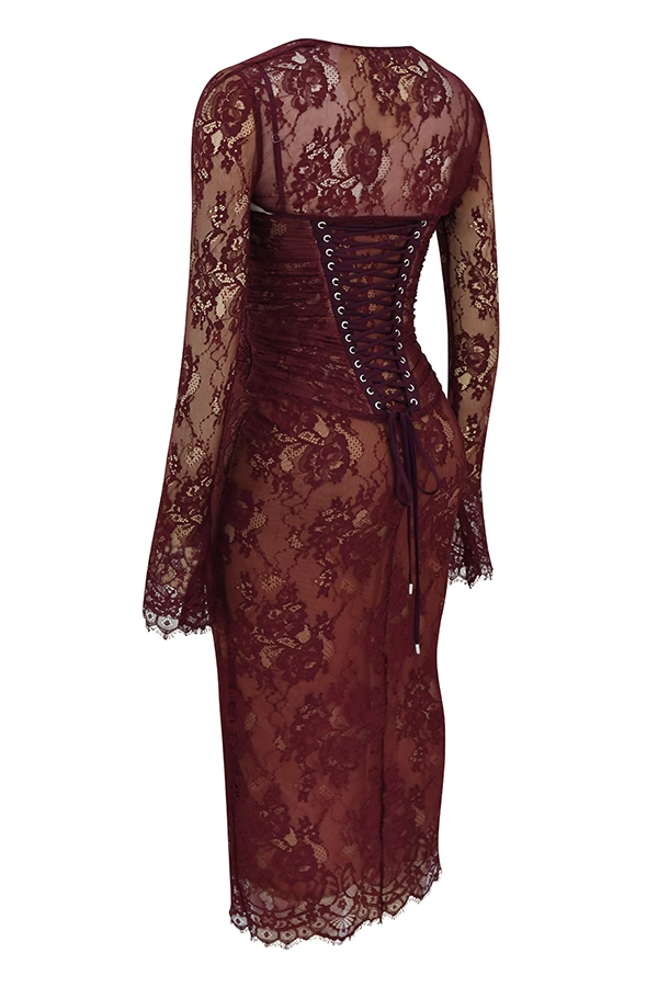 Wine Blossom Elegance Maxi Elbise
