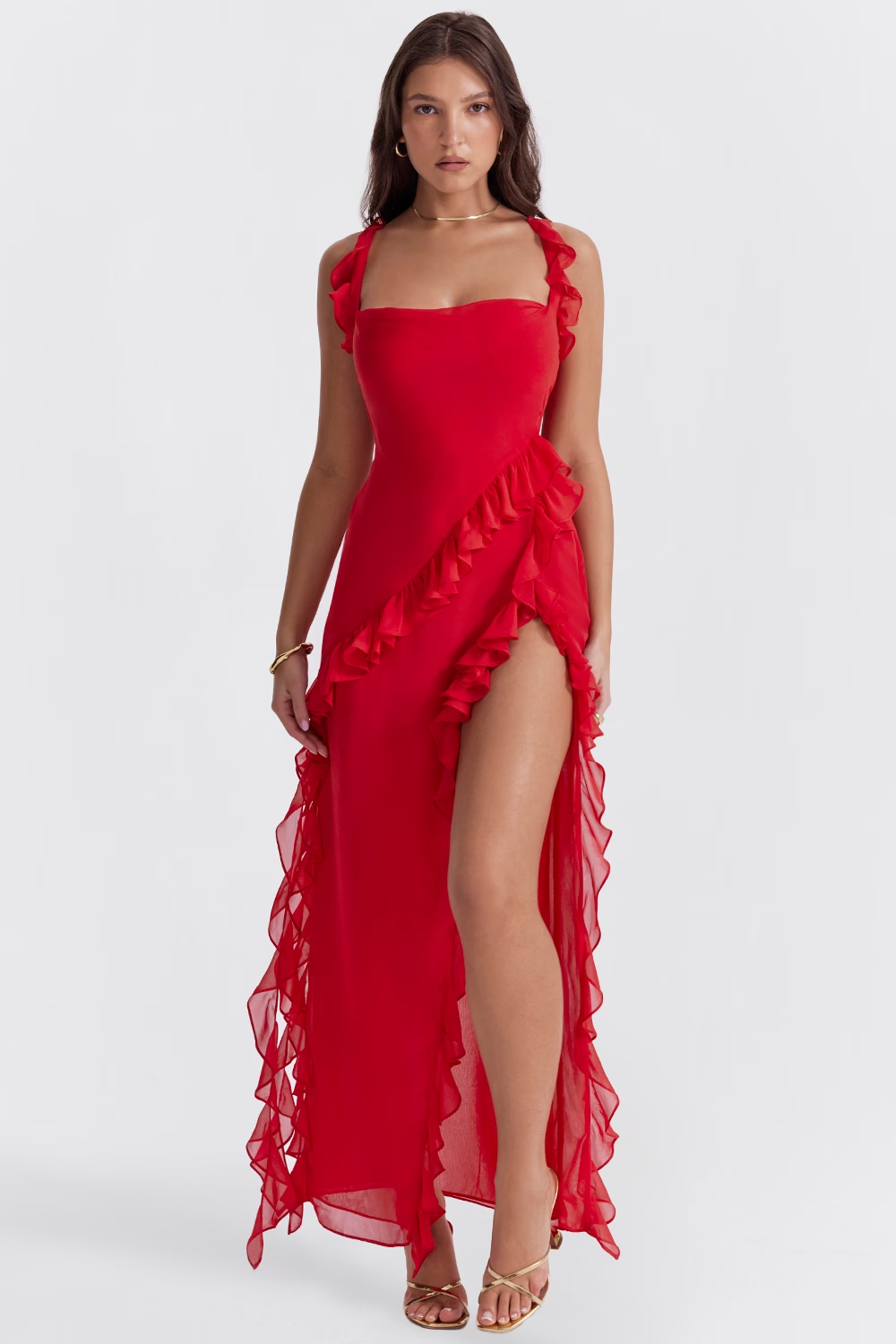Cherry Ruffle Maxi Elbise