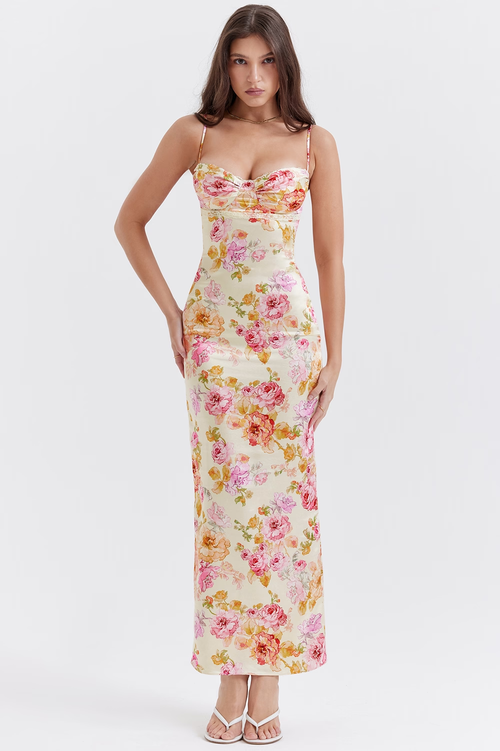 Ivory Floral Maxi Elbise