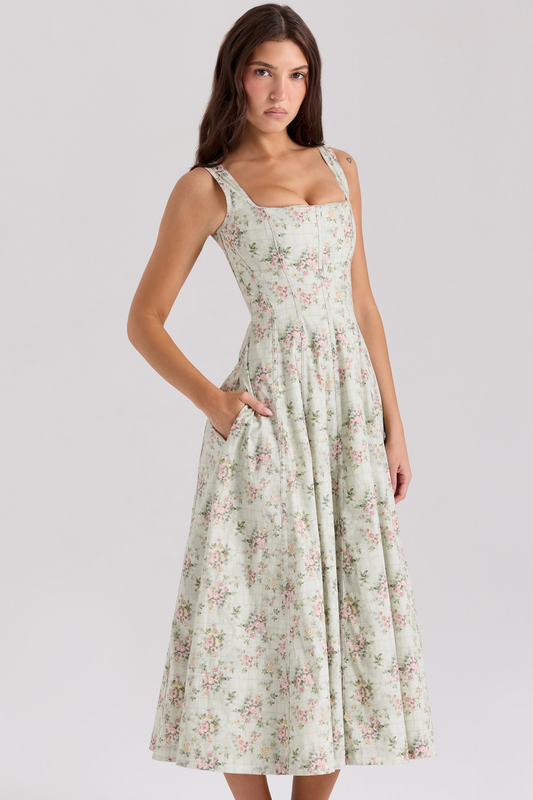 Sage Blossom Midi Elbise