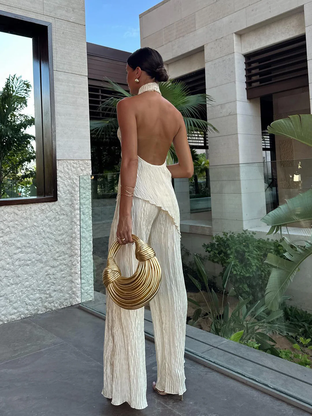 Asimetrik Halter Crop & Palazzo Pantolon Takımı