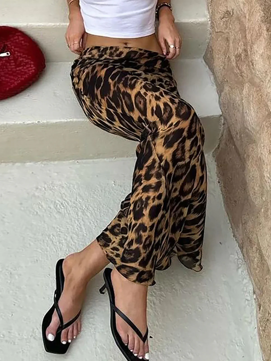 Leopar Desenli Slim Fit Maxi Etek