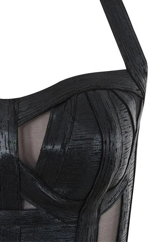 Zerina Halter Yaka Siyah Metalik Kokteyl Elbisesi